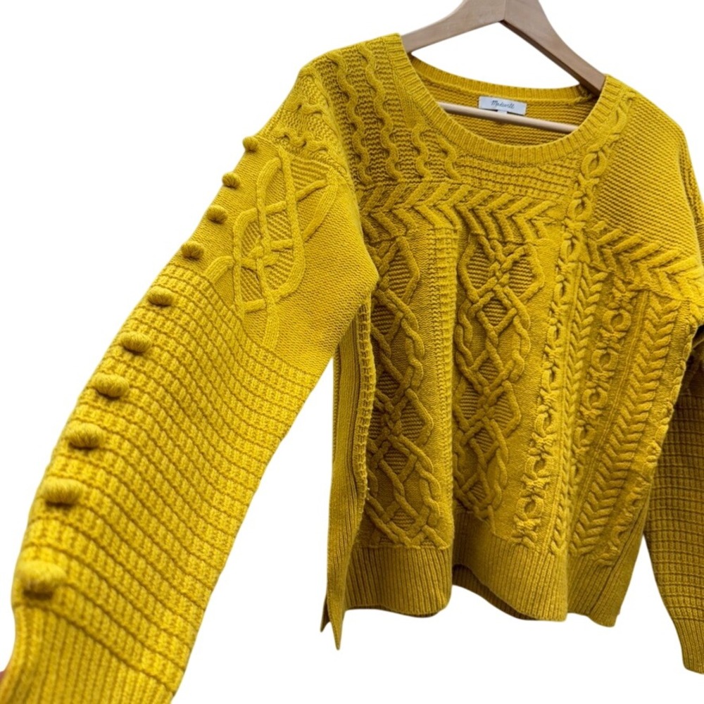Madewell Merino Wool Cable Knit Pom Pom Sweater Womens M Mustard Yellow Chunky - Picture 2 of 12
